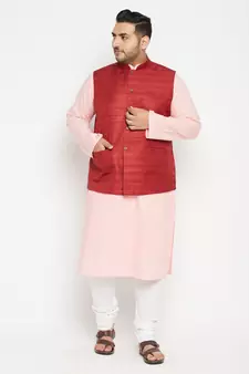 Pink, Maroon And White Cotton Blend Jacket Kurta Pyjama Set