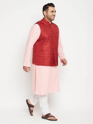 Pink, Maroon And White Cotton Blend Jacket Kurta Pyjama Set 3