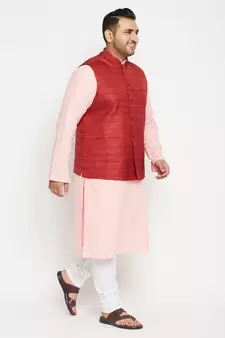 Pink, Maroon And White Cotton Blend Jacket Kurta Pyjama Set