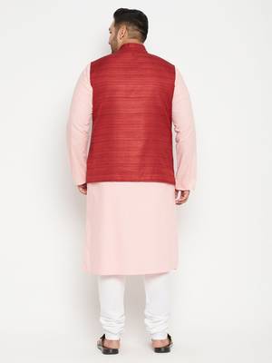 Pink, Maroon And White Cotton Blend Jacket Kurta Pyjama Set 4