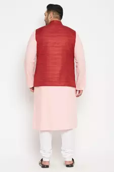 Pink, Maroon And White Cotton Blend Jacket Kurta Pyjama Set
