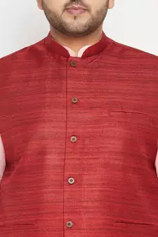 Pink, Maroon And White Cotton Blend Jacket Kurta Pyjama Set