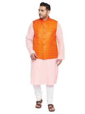Pink, Orange And White Cotton Blend Jacket Kurta Pyjama Set 1