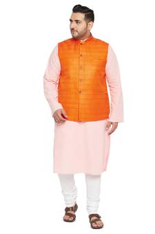 Men'S Pink, Orange And White Cotton Blend Jacket Kurta Pyjama Set