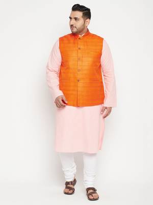 Pink, Orange And White Cotton Blend Jacket Kurta Pyjama Set 2