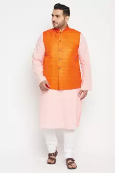 Pink, Orange And White Cotton Blend Jacket Kurta Pyjama Set