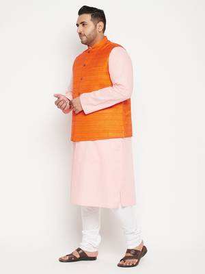 Pink, Orange And White Cotton Blend Jacket Kurta Pyjama Set 3