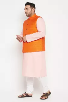 Pink, Orange And White Cotton Blend Jacket Kurta Pyjama Set