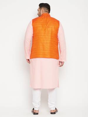 Pink, Orange And White Cotton Blend Jacket Kurta Pyjama Set 4
