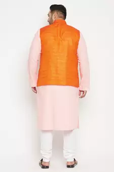 Pink, Orange And White Cotton Blend Jacket Kurta Pyjama Set