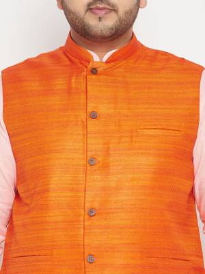Pink, Orange And White Cotton Blend Jacket Kurta Pyjama Set 5