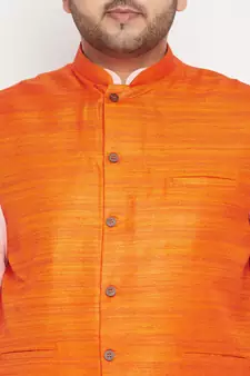 Pink, Orange And White Cotton Blend Jacket Kurta Pyjama Set