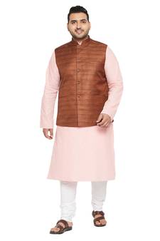 Men'S Pink, Coffee Brown And White Cotton Blend Jacket Kurta Pyjama Set