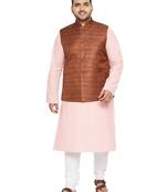 Pink, Coffee Brown And White Cotton Blend Jacket Kurta Pyjama Set
