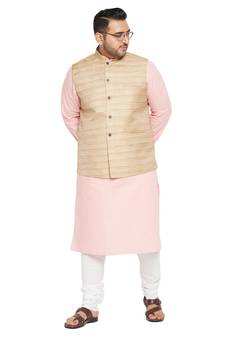 Men'S Pink, Beige And White Cotton Blend Jacket Kurta Pyjama Set