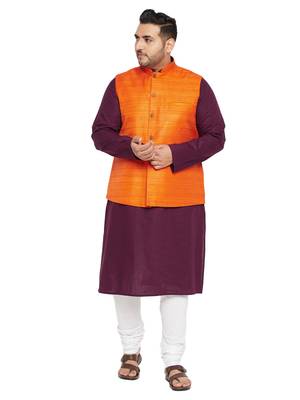 Purple, Orange And White Cotton Blend Jacket Kurta Pyjama Set 1