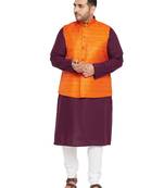 Purple, Orange And White Cotton Blend Jacket Kurta Pyjama Set