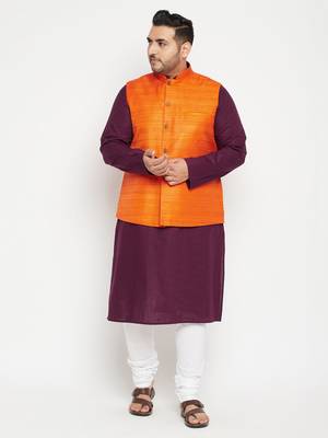 Purple, Orange And White Cotton Blend Jacket Kurta Pyjama Set 2