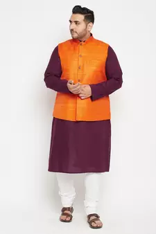 Purple, Orange And White Cotton Blend Jacket Kurta Pyjama Set