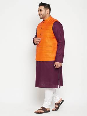 Purple, Orange And White Cotton Blend Jacket Kurta Pyjama Set 3
