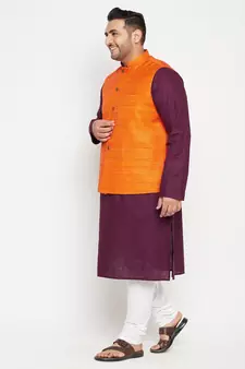 Purple, Orange And White Cotton Blend Jacket Kurta Pyjama Set
