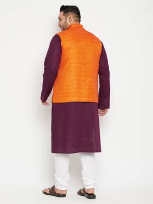Purple, Orange And White Cotton Blend Jacket Kurta Pyjama Set 4