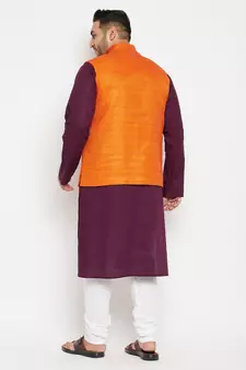 Purple, Orange And White Cotton Blend Jacket Kurta Pyjama Set