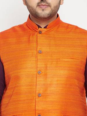 Purple, Orange And White Cotton Blend Jacket Kurta Pyjama Set 5