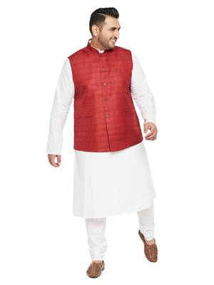 White, Maroon And White Cotton Blend Jacket Kurta Pyjama Set 1