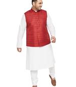 White, Maroon And White Cotton Blend Jacket Kurta Pyjama Set