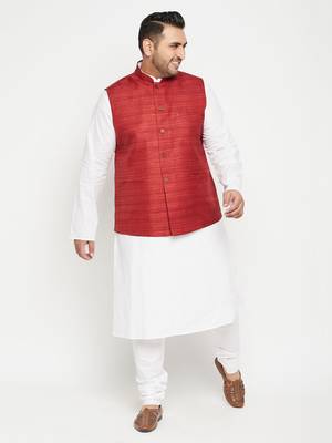 White, Maroon And White Cotton Blend Jacket Kurta Pyjama Set 2