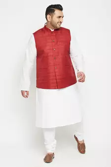 White, Maroon And White Cotton Blend Jacket Kurta Pyjama Set