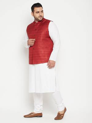 White, Maroon And White Cotton Blend Jacket Kurta Pyjama Set 3