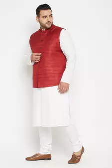 White, Maroon And White Cotton Blend Jacket Kurta Pyjama Set