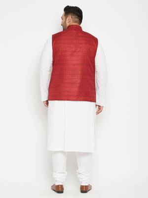 White, Maroon And White Cotton Blend Jacket Kurta Pyjama Set 4