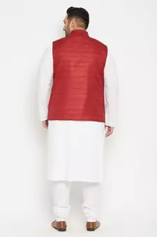 White, Maroon And White Cotton Blend Jacket Kurta Pyjama Set