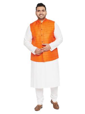 White, Orange And White Cotton Blend Jacket Kurta Pyjama Set 1