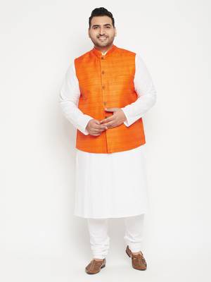 White, Orange And White Cotton Blend Jacket Kurta Pyjama Set 2