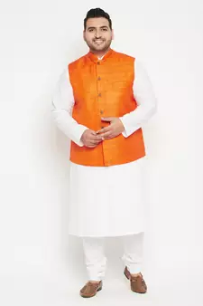 White, Orange And White Cotton Blend Jacket Kurta Pyjama Set