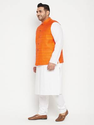 White, Orange And White Cotton Blend Jacket Kurta Pyjama Set 3