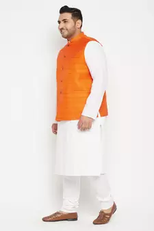 White, Orange And White Cotton Blend Jacket Kurta Pyjama Set