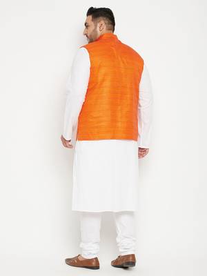 White, Orange And White Cotton Blend Jacket Kurta Pyjama Set 4