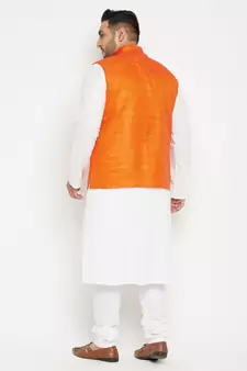 White, Orange And White Cotton Blend Jacket Kurta Pyjama Set