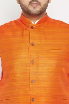 White, Orange And White Cotton Blend Jacket Kurta Pyjama Set