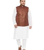 White, Coffee Brown And White Cotton Blend Jacket Kurta Pyjama Set
