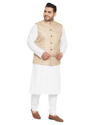 White, Beige And White Cotton Blend Jacket Kurta Pyjama Set 1