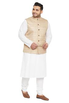 Men'S White, Beige And White Cotton Blend Jacket Kurta Pyjama Set