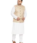 White, Beige And White Cotton Blend Jacket Kurta Pyjama Set