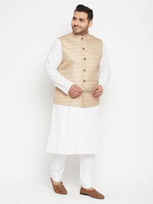 White, Beige And White Cotton Blend Jacket Kurta Pyjama Set 2
