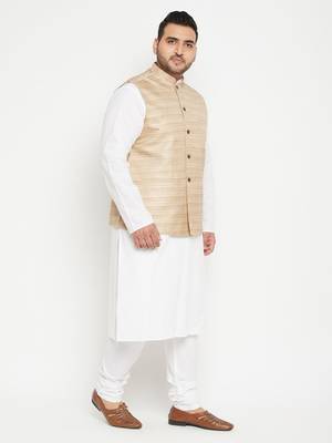 White, Beige And White Cotton Blend Jacket Kurta Pyjama Set 3